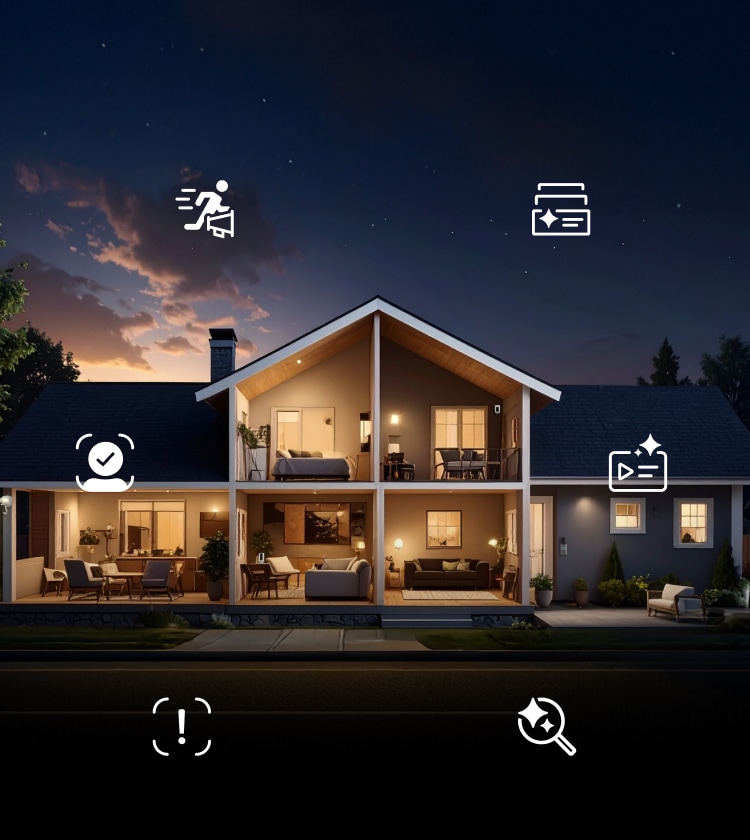 Nighttime cross-section view of a two story house with Ring devices in different spaces and floating icons representing different AI-powered features.