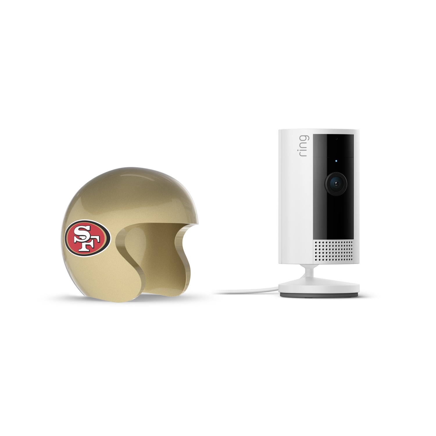 Indoor Cam, White + NFL Game Day Cam Cover — NFC - Ring indoor camera on a stand beside a gold football helmet with the San Francisco 49ers logo, set against a white background.