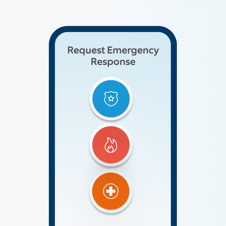 Emergency response interface with three circular buttons: blue police shield, red fire icon, and orange medical cross.