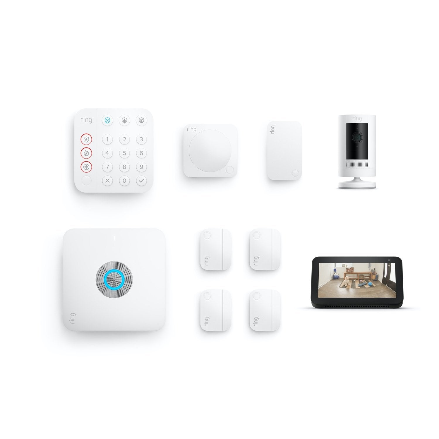 Alarm Pro Security Kit, 8-Piece + Stick Up Cam Battery + Echo Show 5 - White