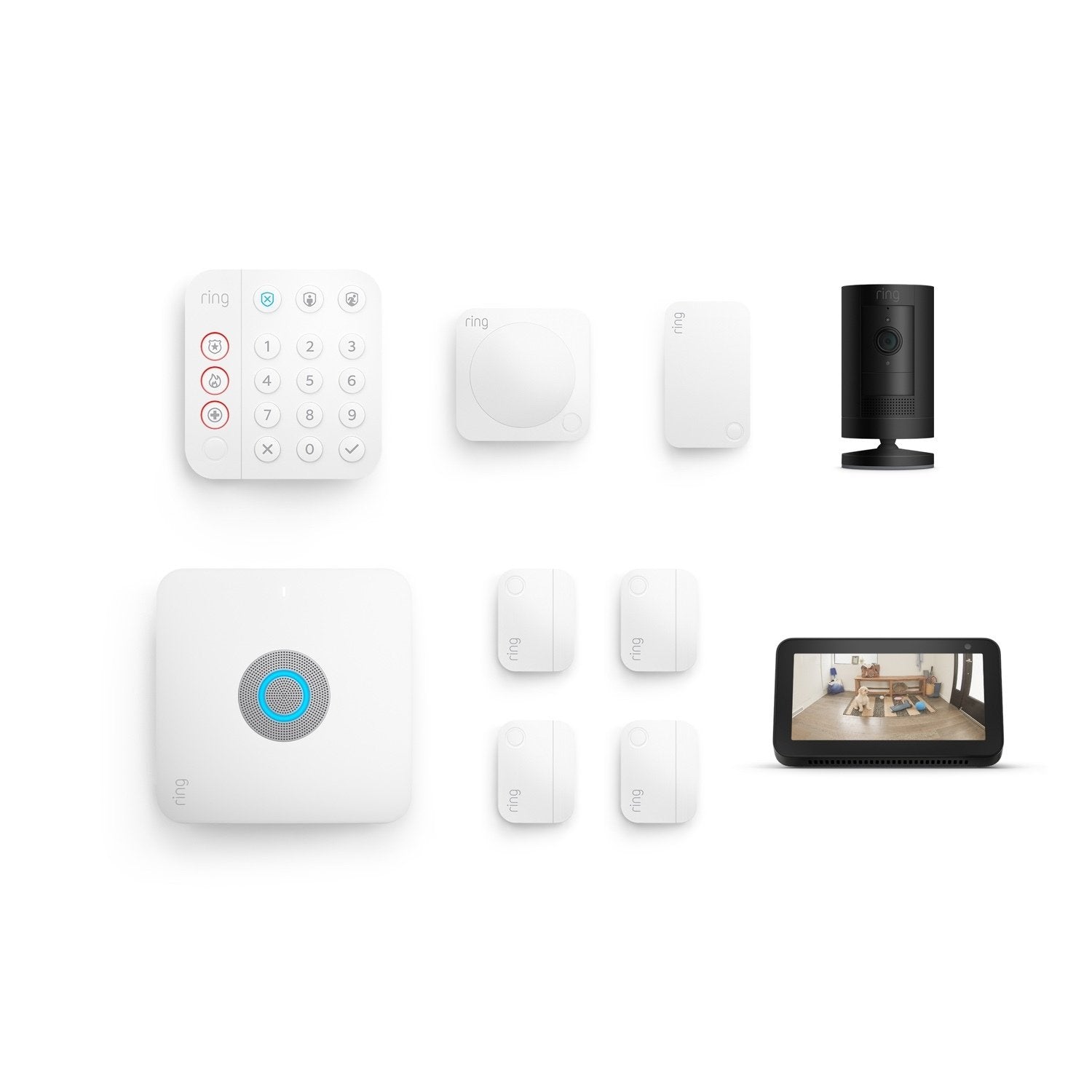Alarm Pro Security Kit, 8-Piece + Stick Up Cam Battery + Echo Show 5 - Black