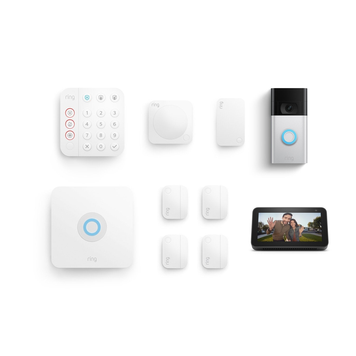 8-Piece Alarm Security Kit + Video Doorbell with Echo Show 5 - Satin Nickel