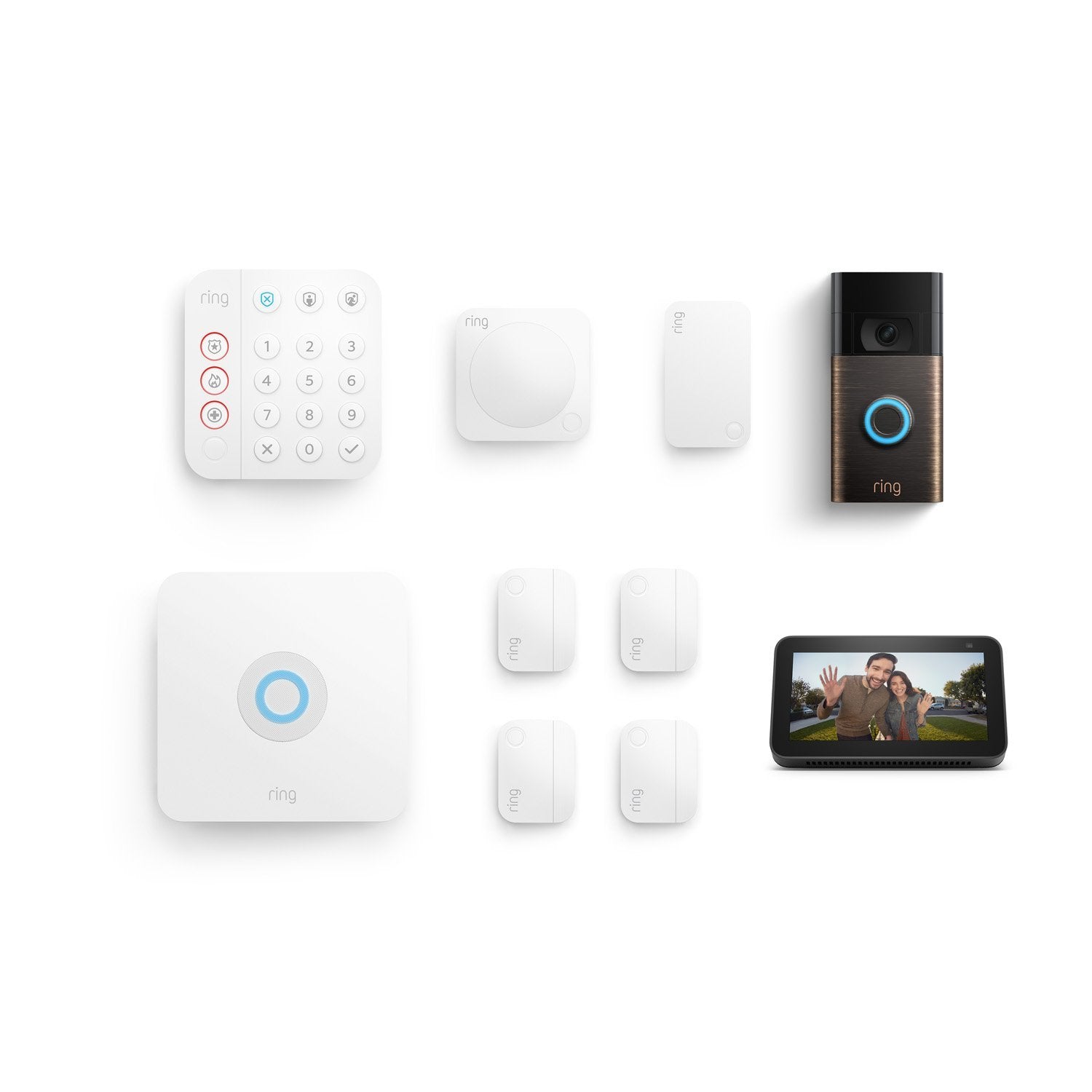 8-Piece Alarm Security Kit + Video Doorbell with Echo Show 5 - Venetian Bronze