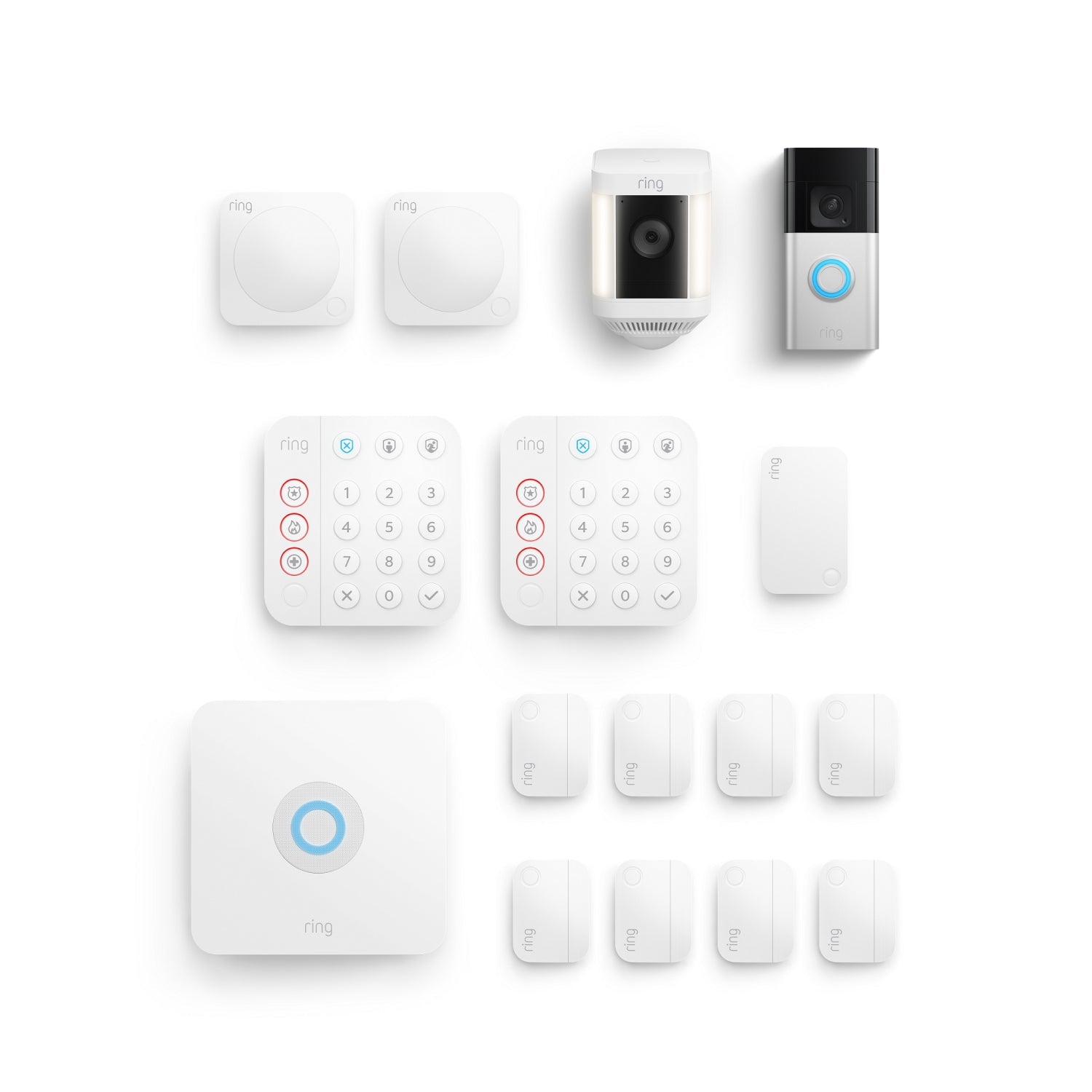 Alarm 14 piece Security Kit + Battery Doorbell Plus + Spotlight Cam Plus Battery - Silver + White