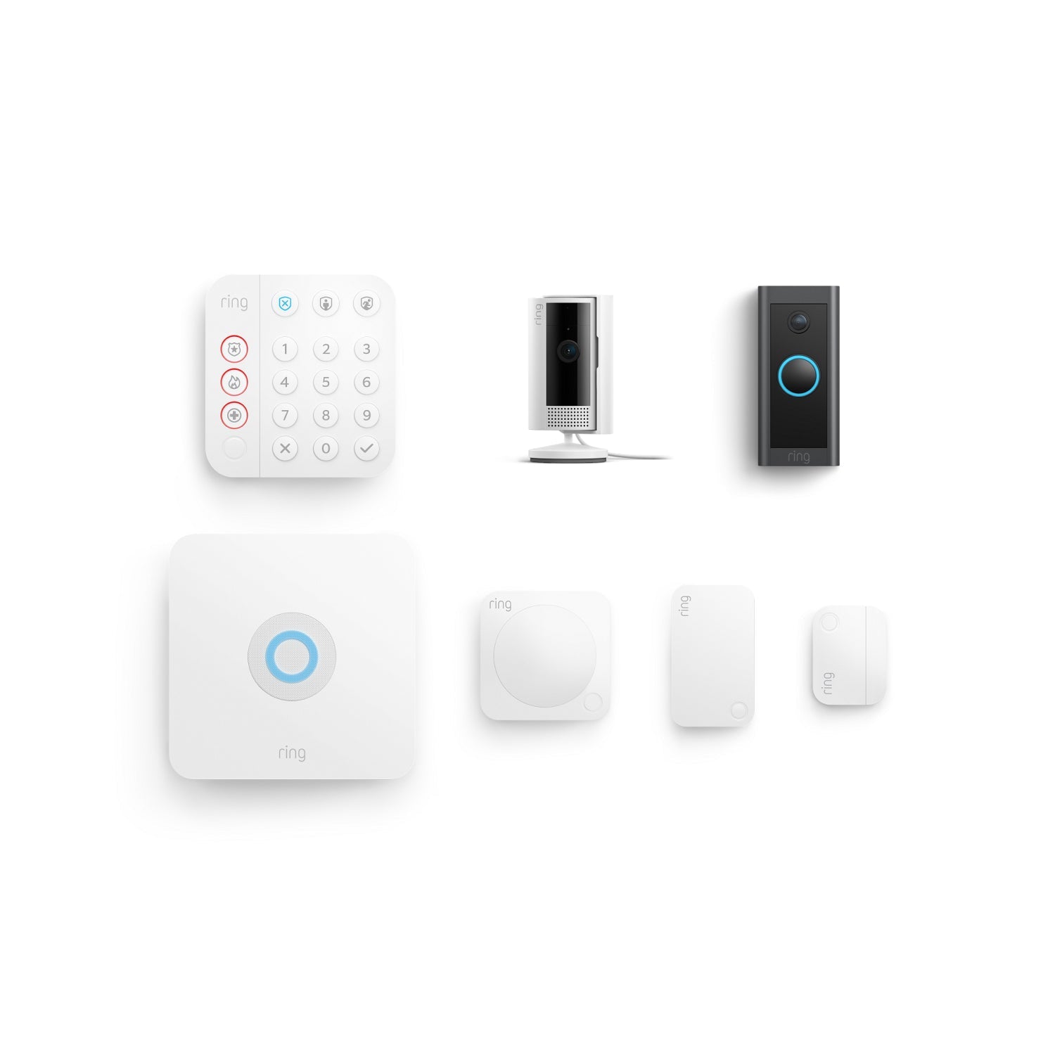 Alarm 5 Piece Security Kit + Video Doorbell Wired + Indoor Cam - White