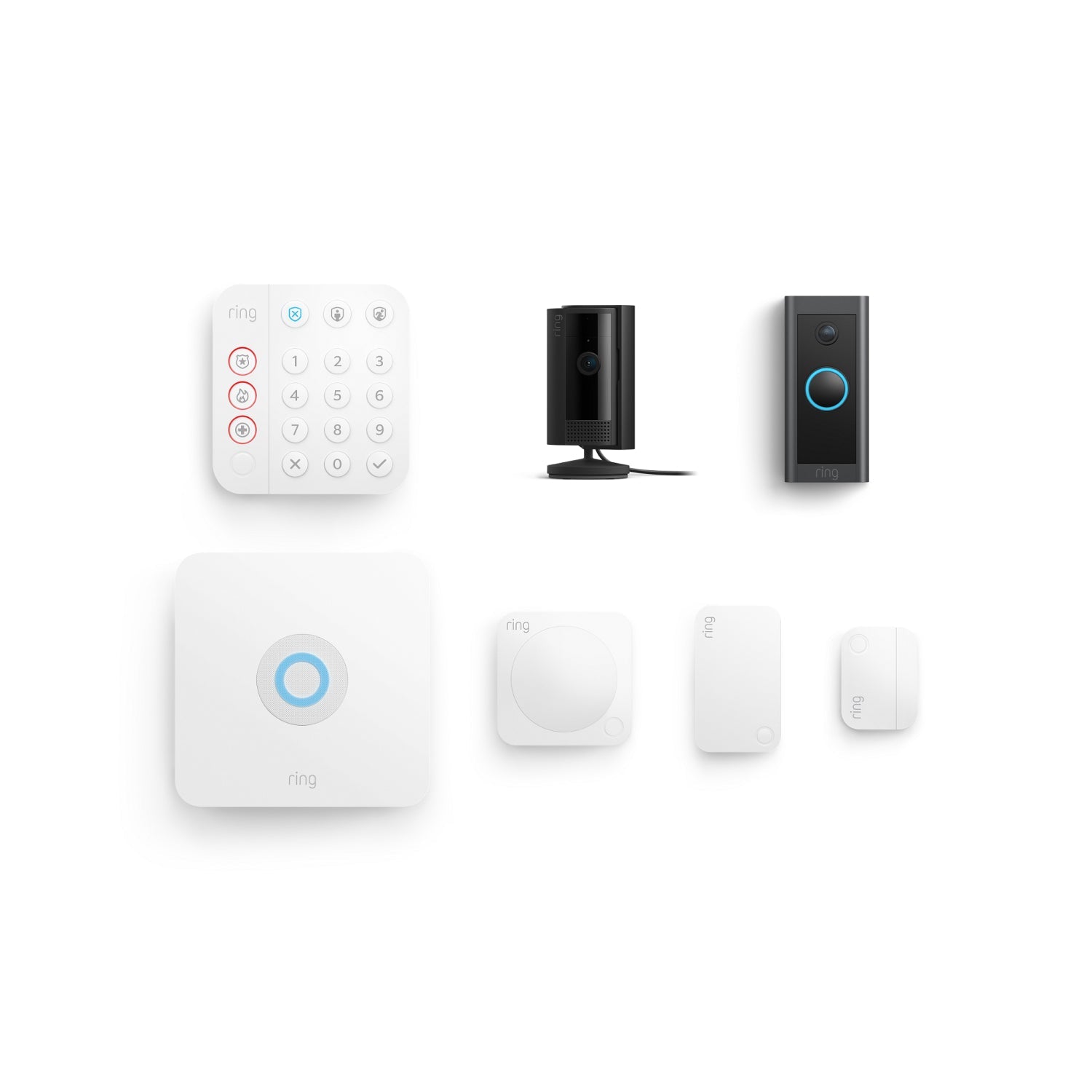 Alarm 5 Piece Security Kit + Video Doorbell Wired + Indoor Cam - Black