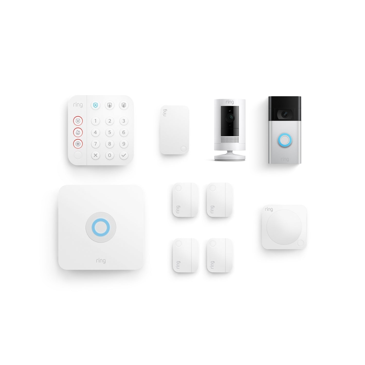 Alarm 8 piece Security Kit + Video Doorbell 2nd Generation + Stick Up Cam Battery - Silver + White