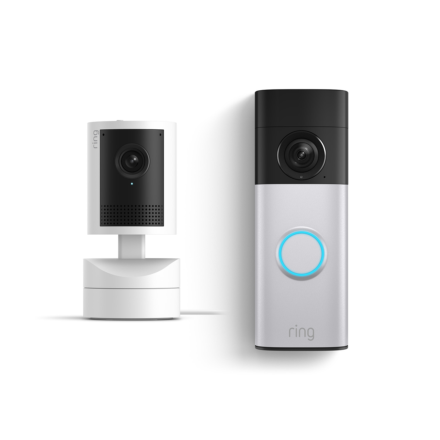 Battery Doorbell 2K Plus + Pan-Tilt Indoor Cam 2K - Ring Battery Doorbell 2K Plus and Pan-Tilt Indoor Cam 2K in White.