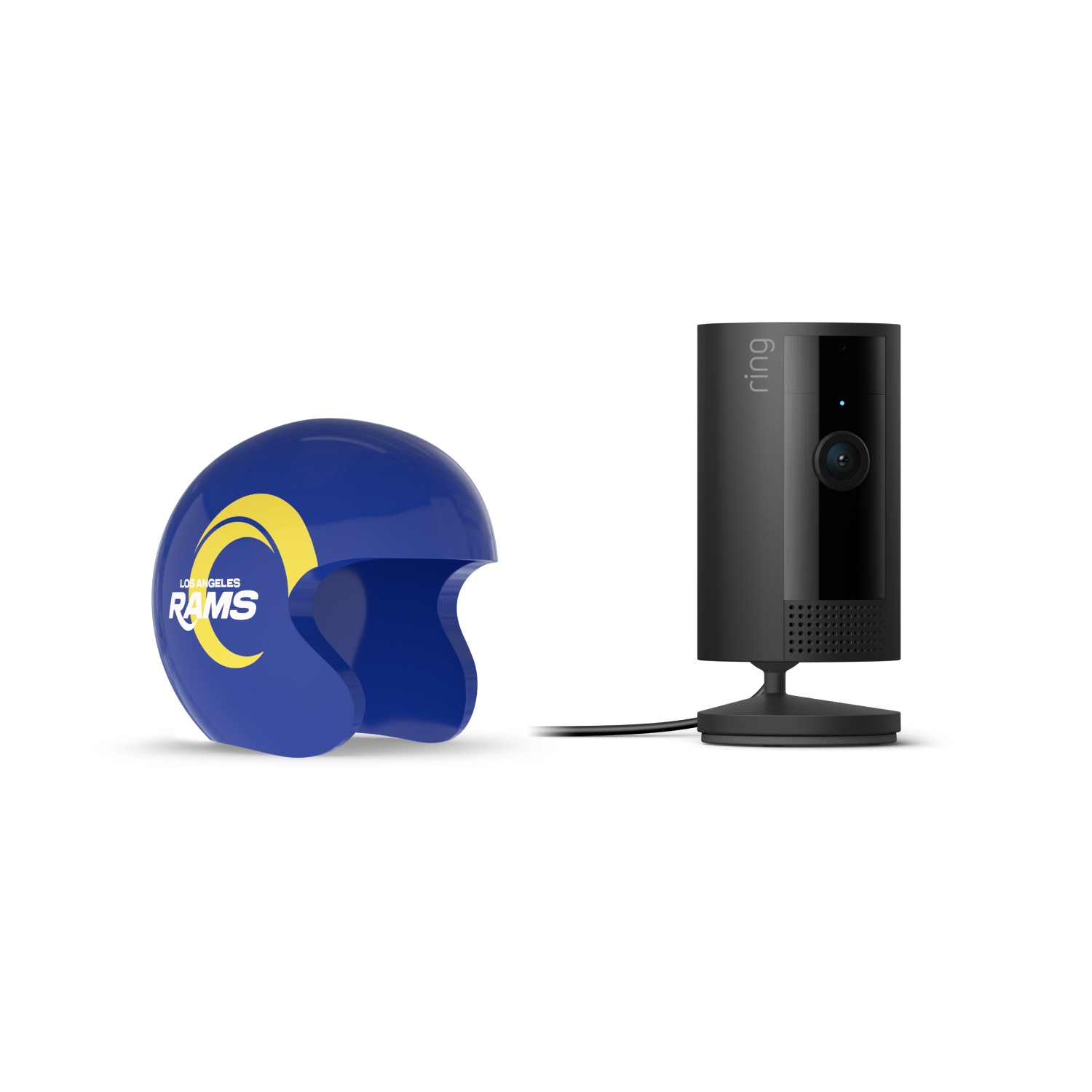 Indoor Cam, Black + NFL Game Day Cam Cover — NFC - Black Ring indoor camera on a stand next to a blue Los Angeles Rams mini helmet cover with yellow horn logo on white background.
