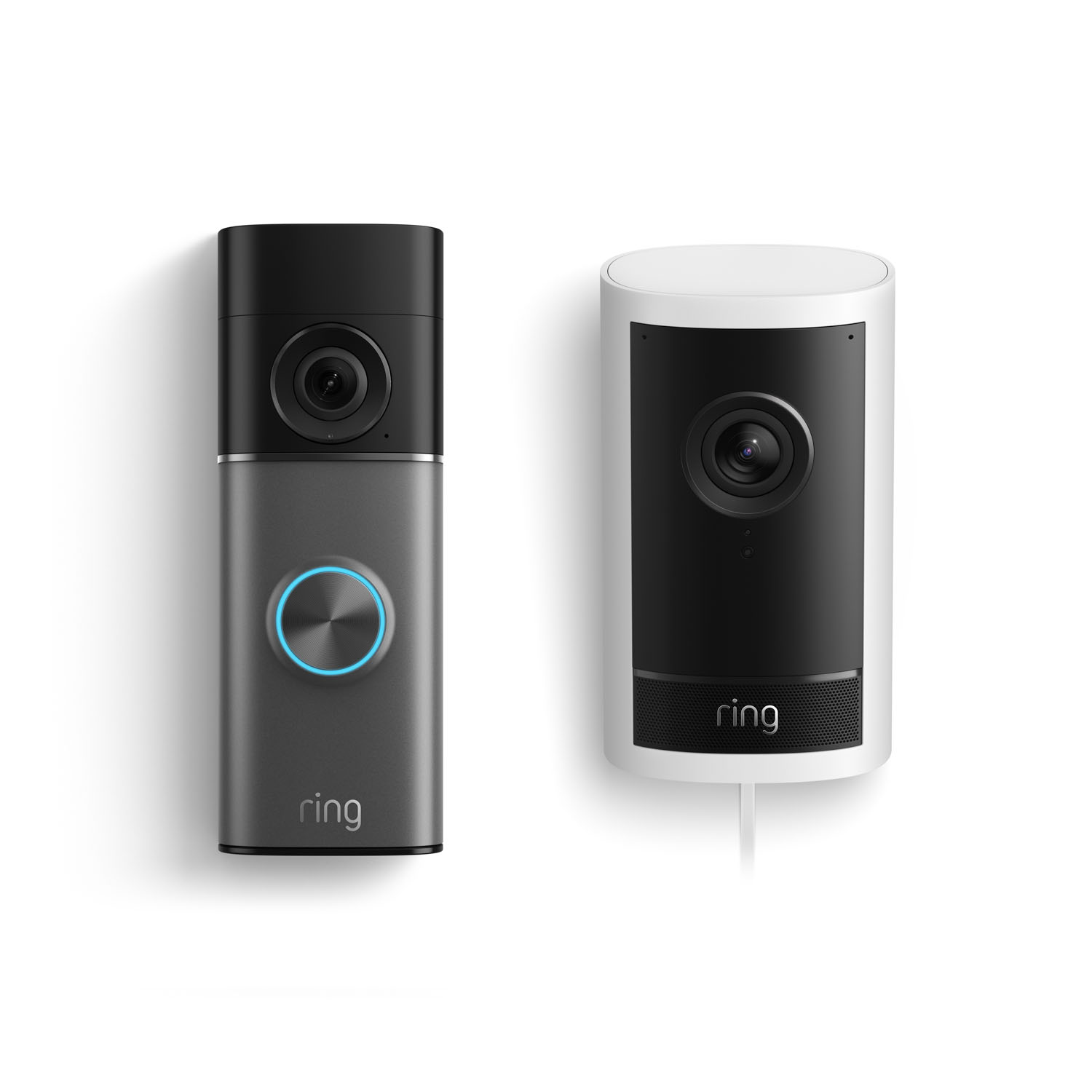 Battery Doorbell  Pro (Newest Model) +  Outdoor Cam Pro,  Plug-In - Two Ring devices on white background