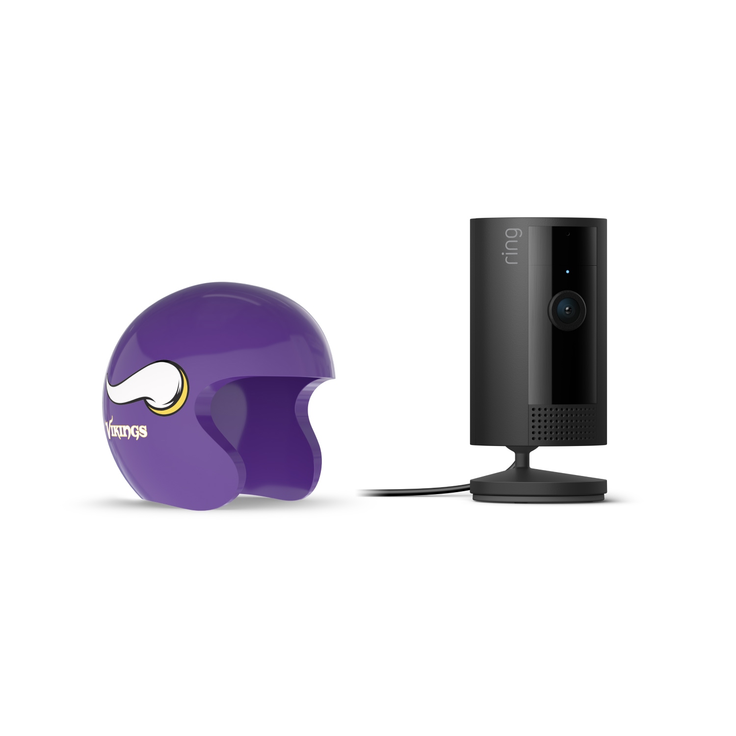 Indoor Cam, Black + NFL Game Day Cam Cover — NFC - Black Ring indoor camera on a stand next to a purple Minnesota Vikings mini helmet on a white background.
