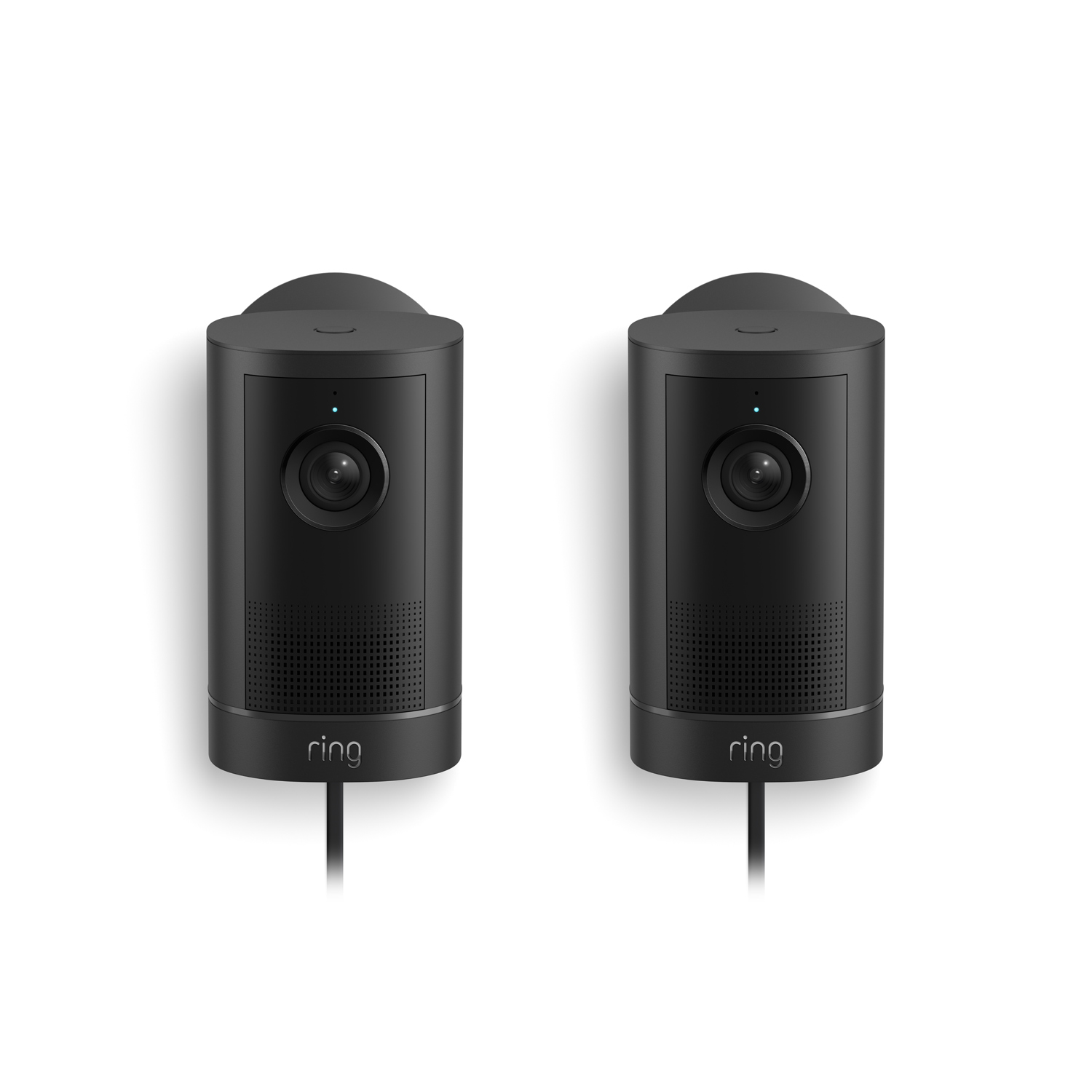 Outdoor Cam 4K Plus  - Two black Ring plug-in outdoor cameras with lenses and speaker grilles, shown side by side on a white background.