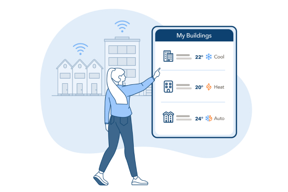 illustration of a person pointing at a screen showing "my buildings"