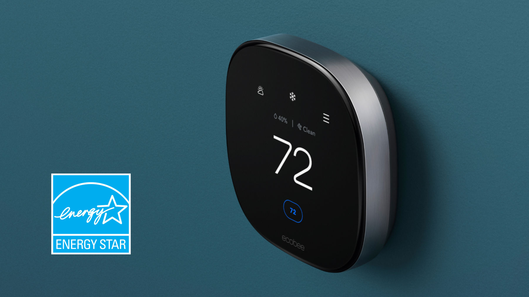 ecobee Smart Thermostat Premium hanging on a blue wall, with the ENERGY STAR logo on the bottom left of the image