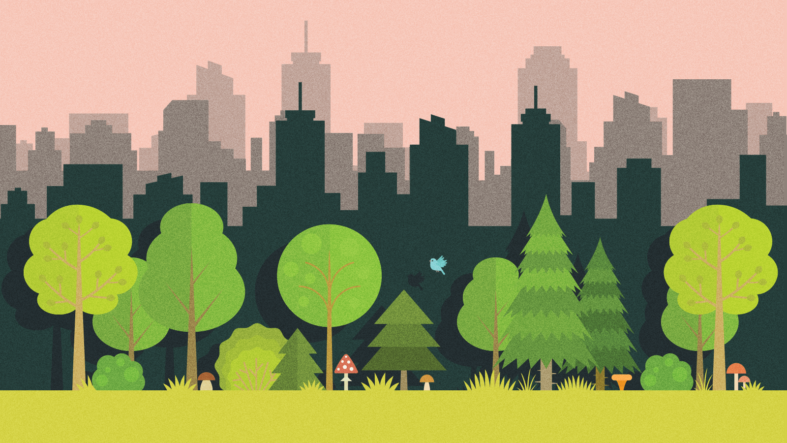 Illustration of trees in a park and city skyline