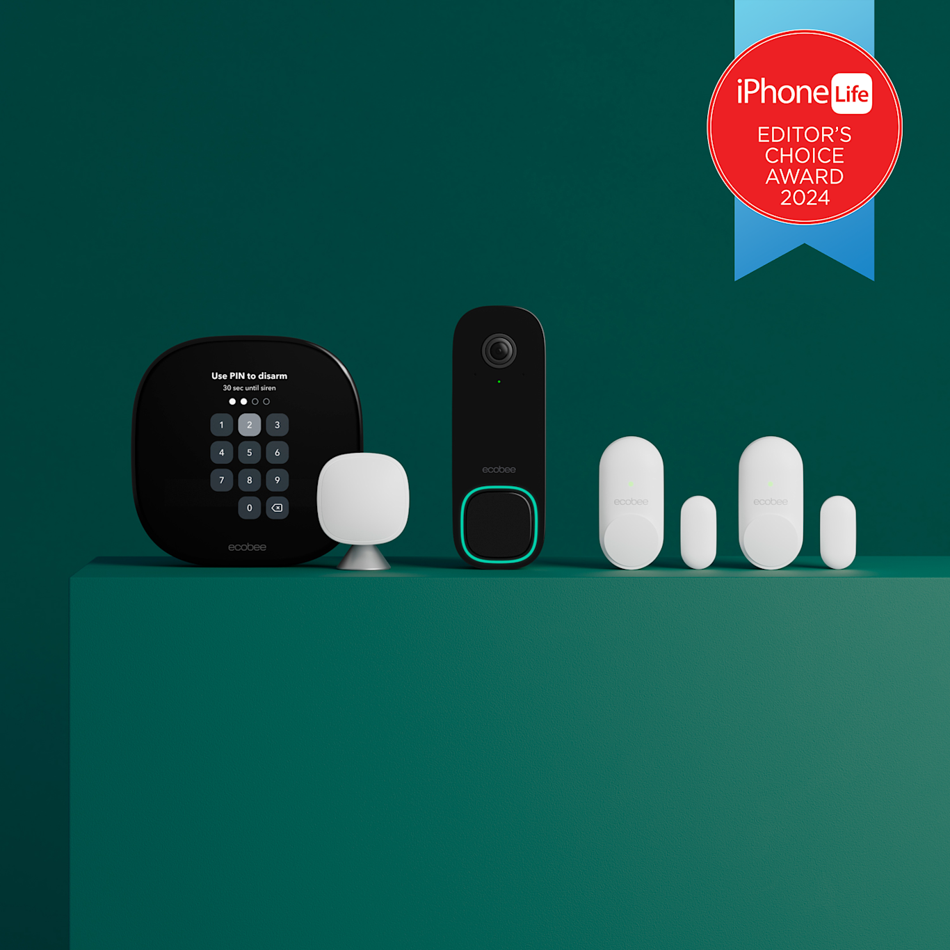 Front view of ecobee Smart thermostat premium, smartsensor, smart doorbell camera, and smartsensors for doors & windows on a green background