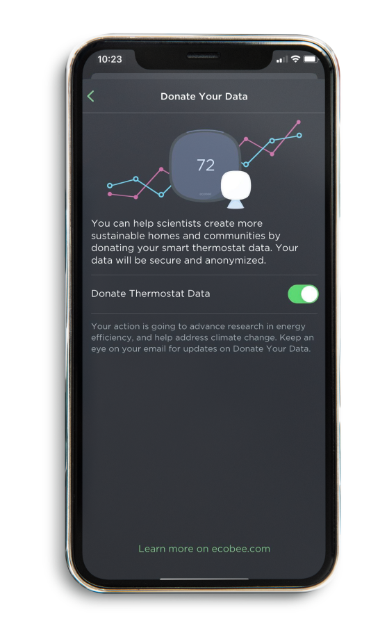 a phone screen showing the donate your data screen in the ecobee app