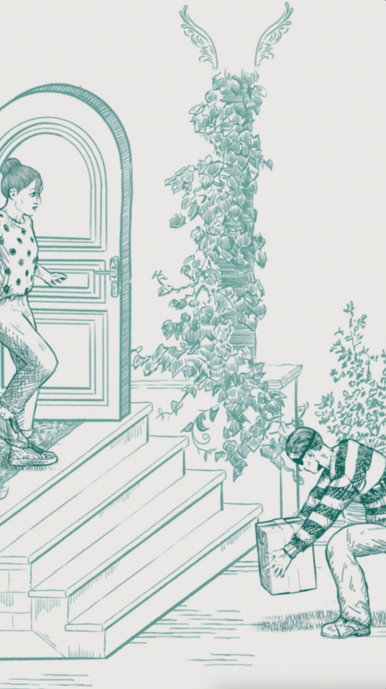 A woman sees a burglar stealing a package from her front steps.