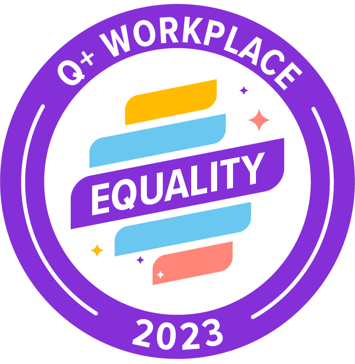 a purple circle that says "q+ workplace 2023" with purple, blue, orange and yellow bands that say "equality"