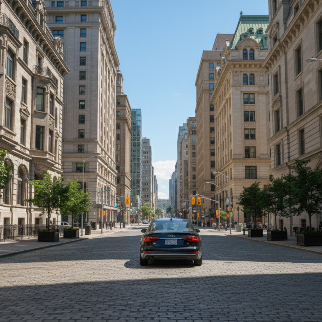 A car driving through city streets.