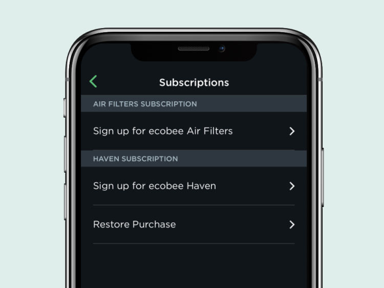 A smart phone screen showing the "Subscriptions" page on the ecobee app