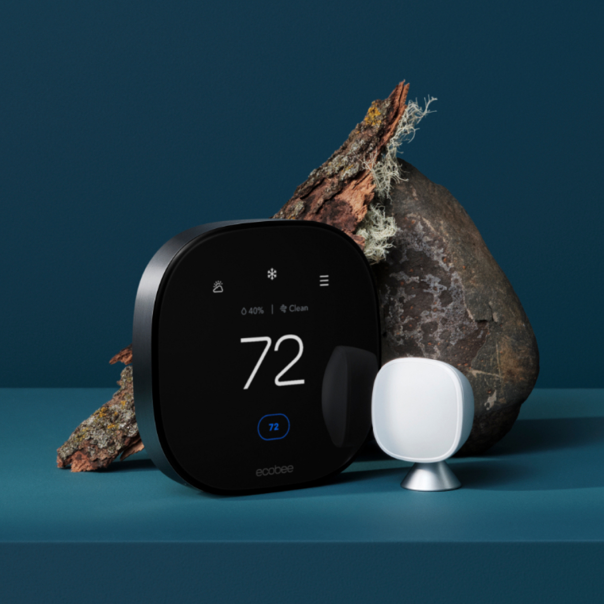 ecobee smart thermostat premium and smartsensor on blue background