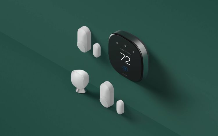 Product shot of ecobee Smart Security Starter Kit against green backdrop