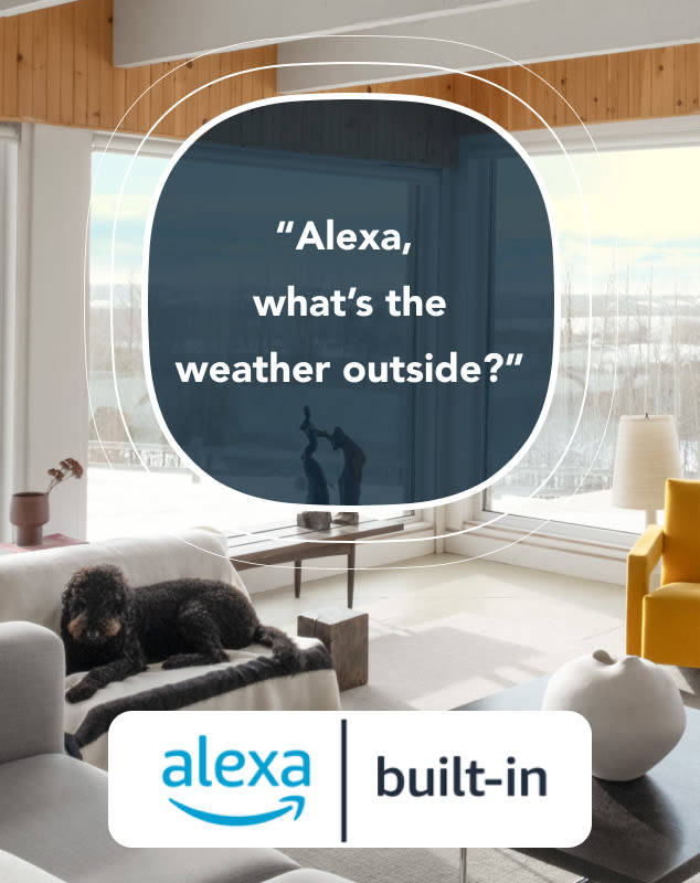Photo of living room with ecobee thermostat shape; inside it says “Alexa, what’s the weather outside?”; the logo for Amazon Alexa sits below and says "Alexa built-in"