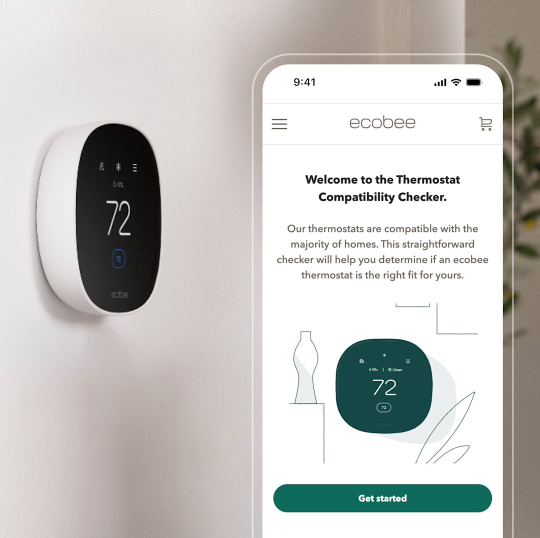 ecobee thermostat on wall with phone screen showing ecobee compatibility checker