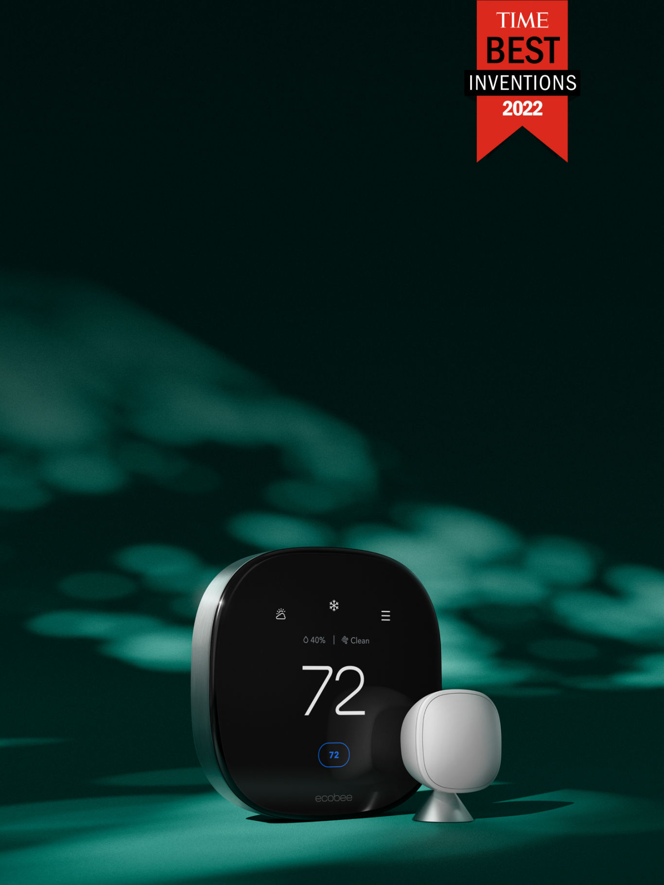 Smart Thermostat Premium sits on a green background with separate SmartSensor in front. A red banner reads “TIME BEST INVENTIONS 2022”. The thermostat displays 72 degrees, and a clean air reading.