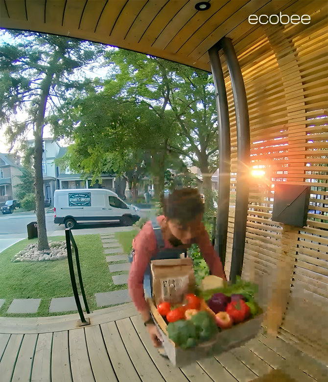 A phone screen shows a person approaching a front door with a package.