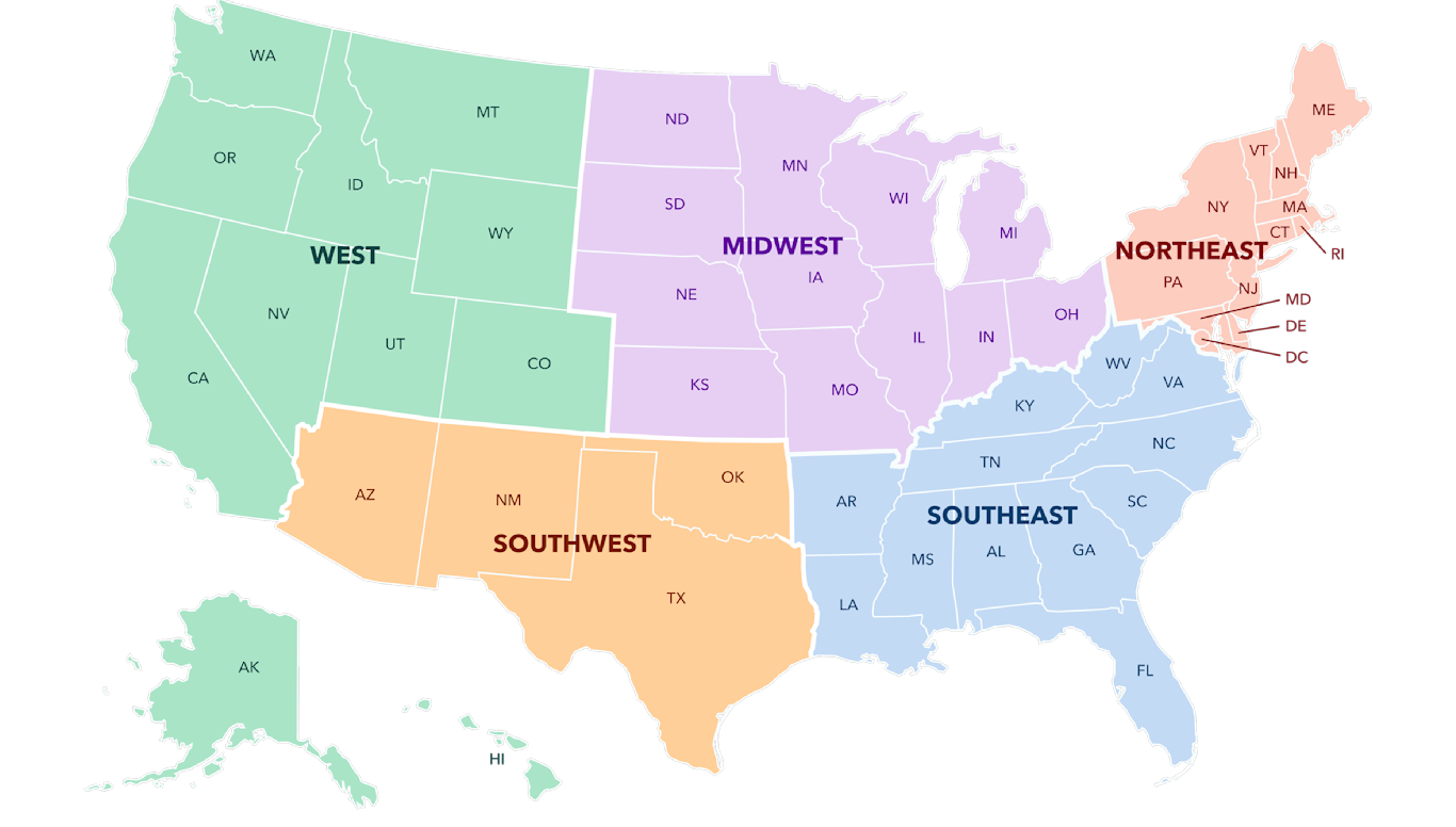 A map of the United States color-coded into West, Midwest, Northeast, Southeast, and Southwest sections.