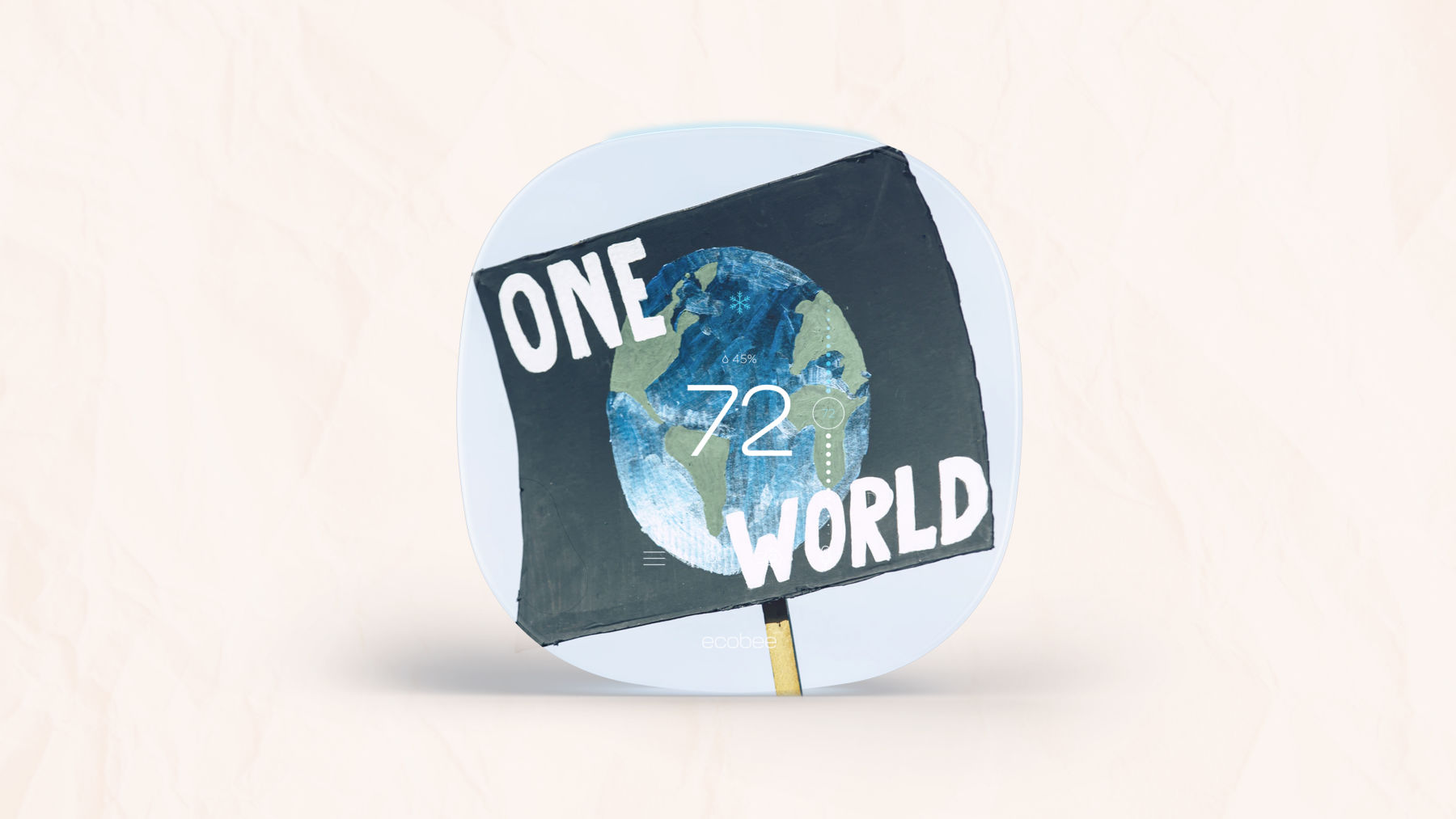 The ecobee squircle shape with a sign that says "One World" inside it.