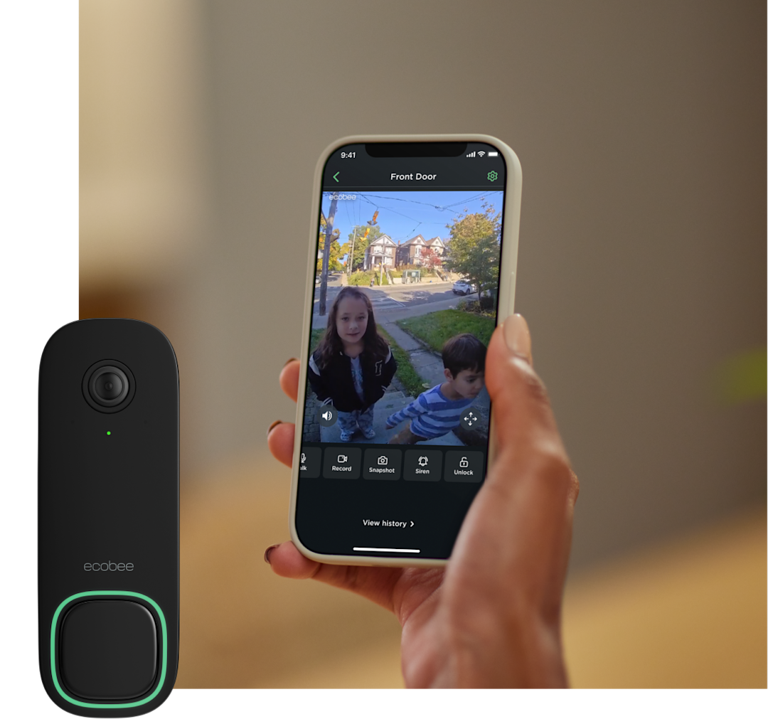 phone screen showing kids at a front door, the ecobee smart doorbell camera is also shown