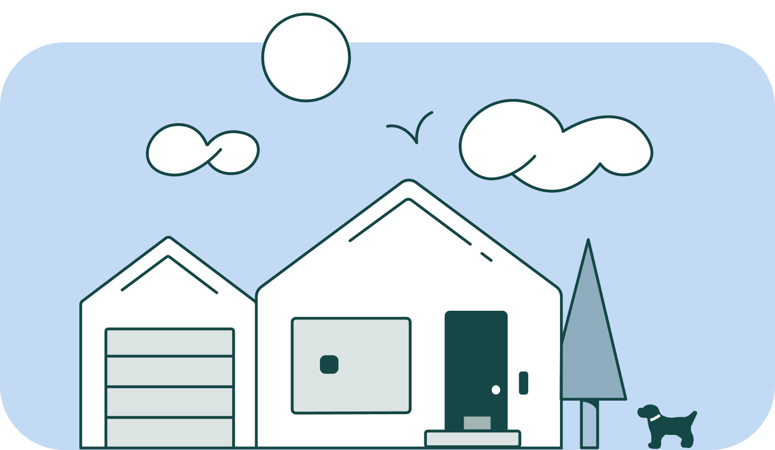 illustration of a house with an ecobee thermostat inside and an ecobee smart doorbell camera by the front door.