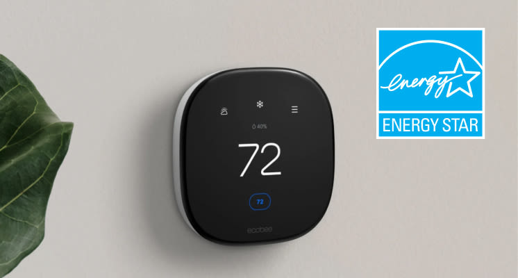 ecobee thermostat on a wall with the energy star logo next to it