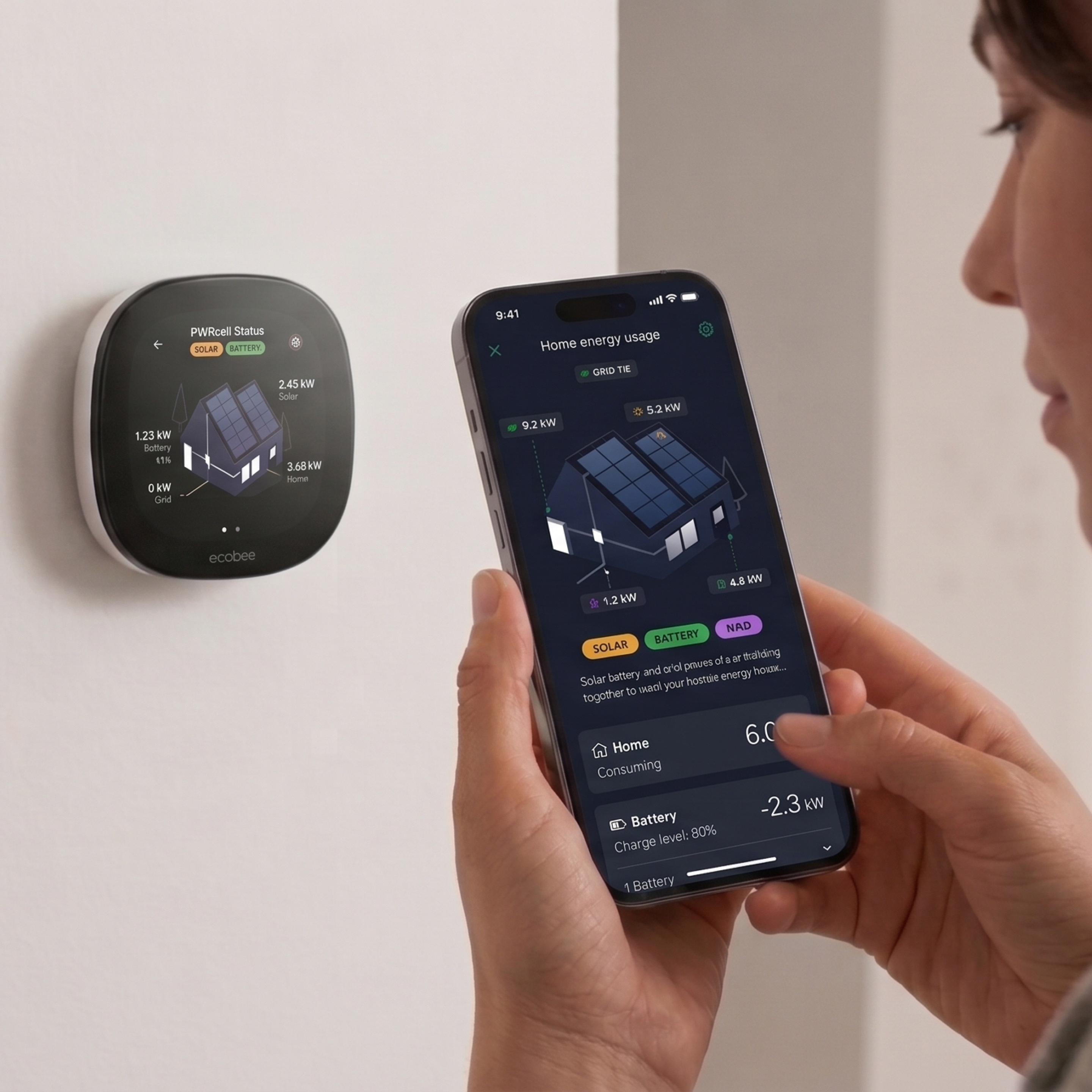 ecobee Smart Thermostat Premium and sensor on a blue background
