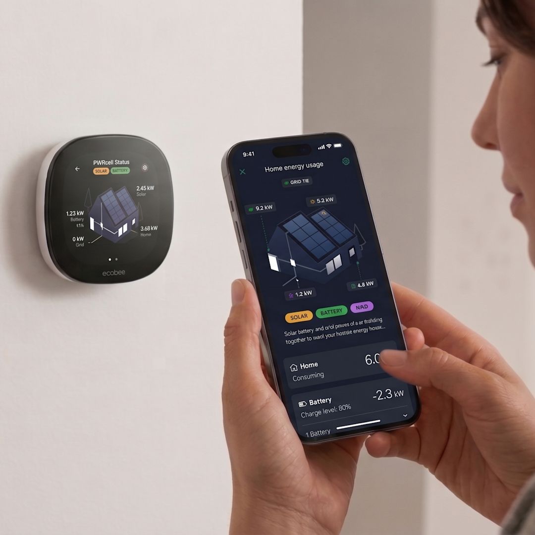 ecobee Smart Thermostat Premium and sensor on a blue background