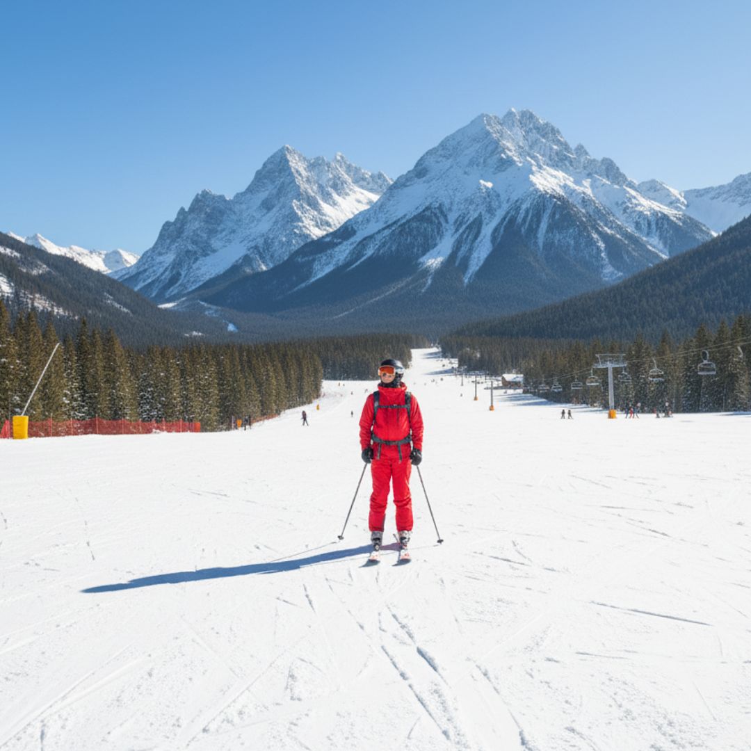 A skier skiing down a beautiful mountain.