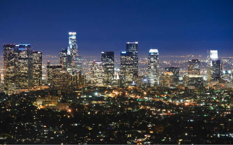 Skyline image of Los Angeles at night.