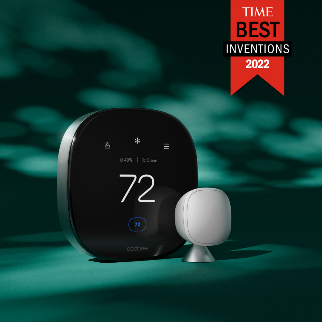ecobee Smart Thermostat Premium with ecobee SmartSensor on a blue background with red flag at top saying "Time Best Inventions 2022"