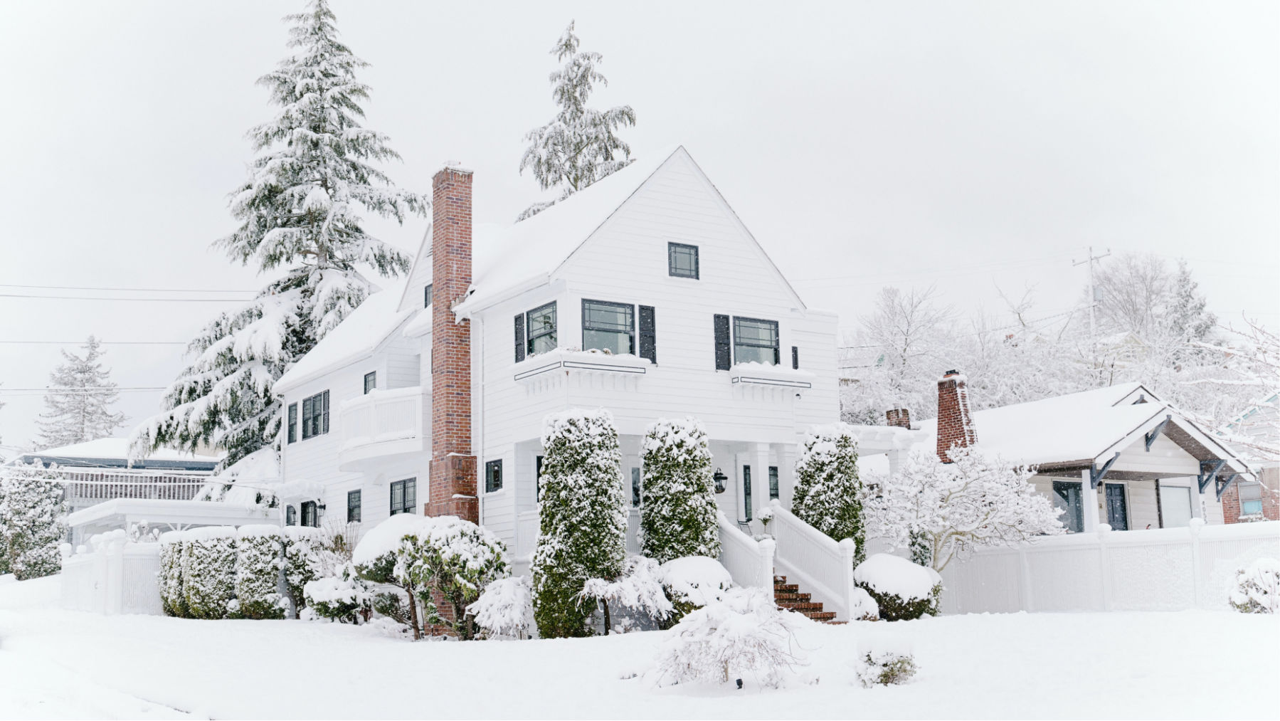 White home and evergreen trees covered in snow. 