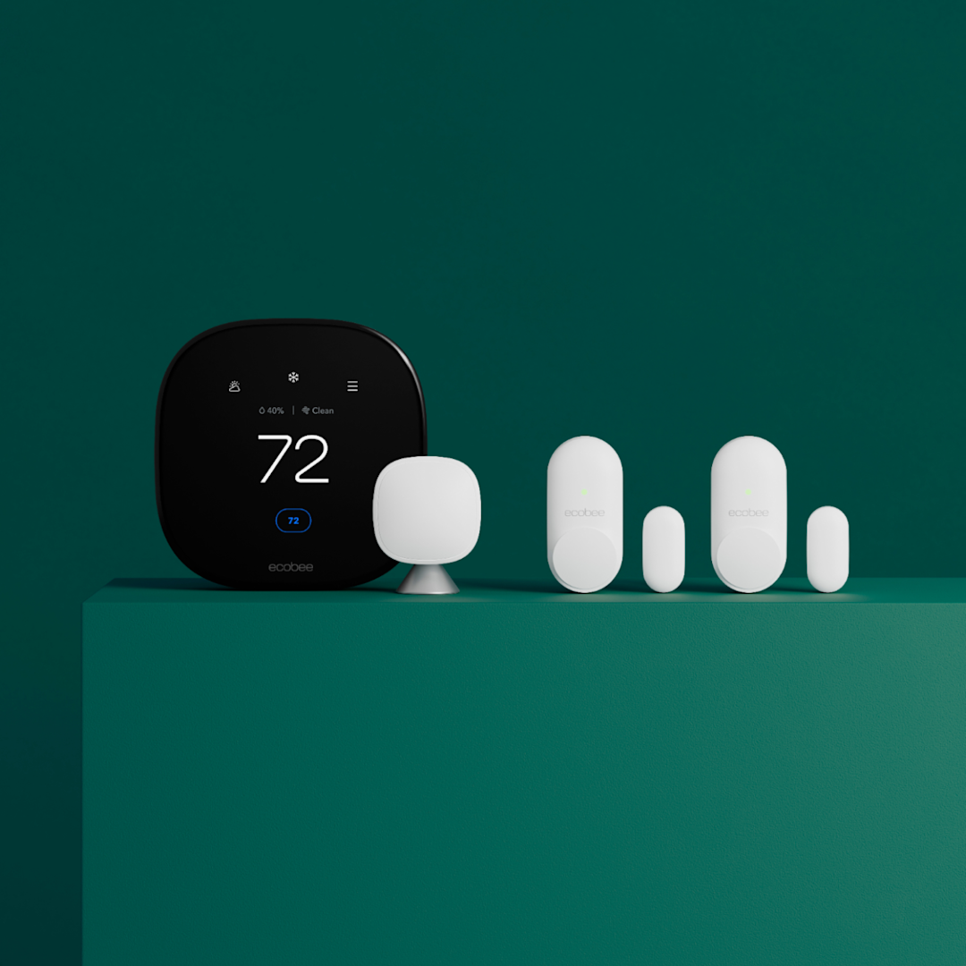 ecobee comfort & security bundle on a green background