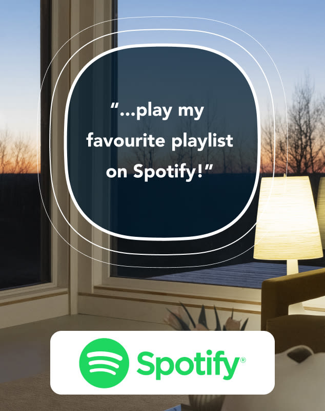 A photo of a living room at dusk; the ecobee squircle shape says “...play my favorite playlist on Spotify!” with the Spotify logo below.