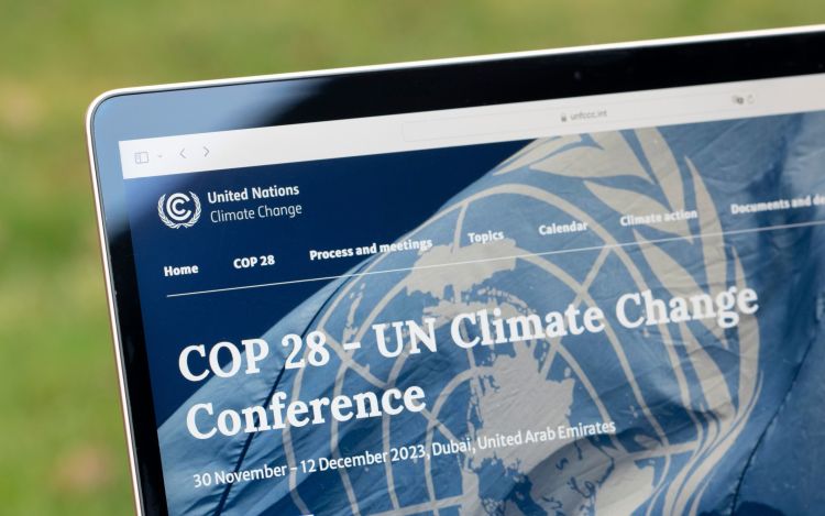 United Nation's COP 28 website on a laptop screen against grass in the background. 