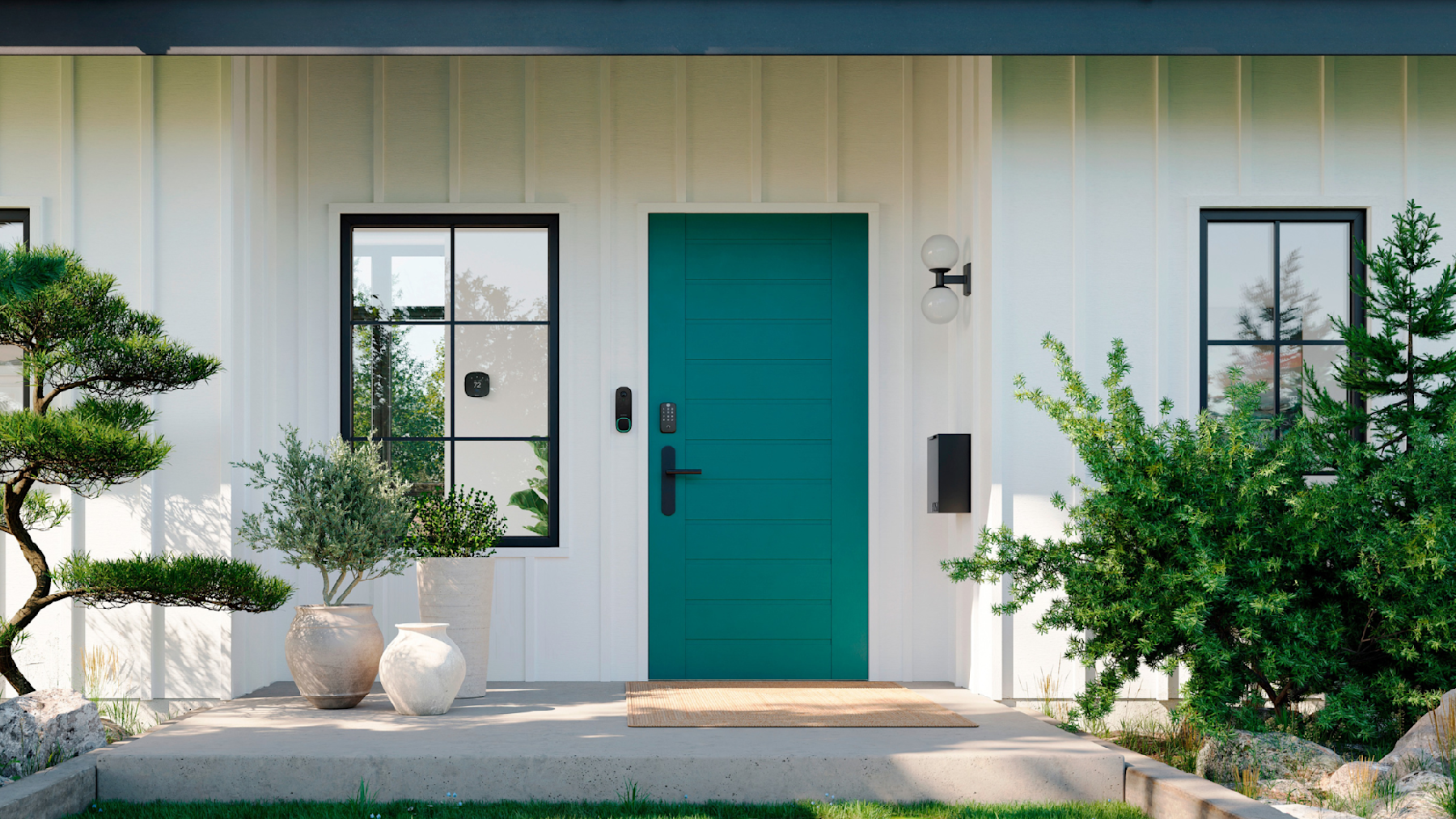 The front of a modern home that's white with white paneling, there's a dark green front door with a Yale and August Smart Lock, and an ecobee Smart Doorbell Camera at the side of the door. You can see a Smart Thermostat Premium through the window.