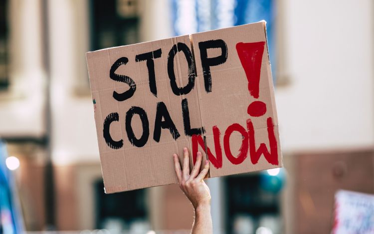 Protester holding up a sign that reads, 'Stop coal now!', during a demonstration.