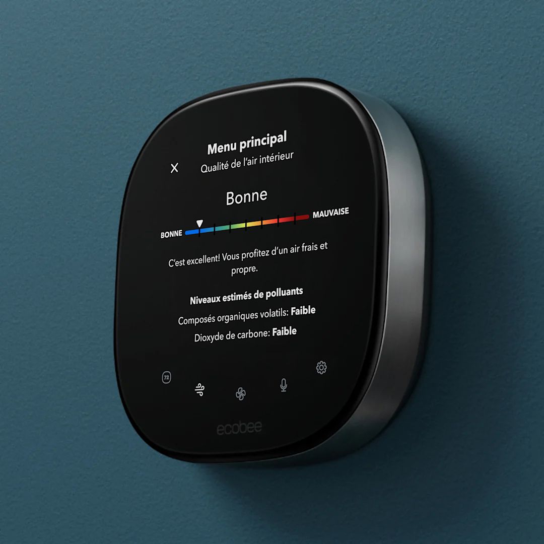 Thermostat intelligent Premium ecobee affichant la qualité de l’air