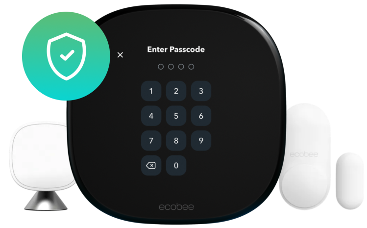 ecobee thermostat with sensors and green smart security icon with shield and check mark on grey background