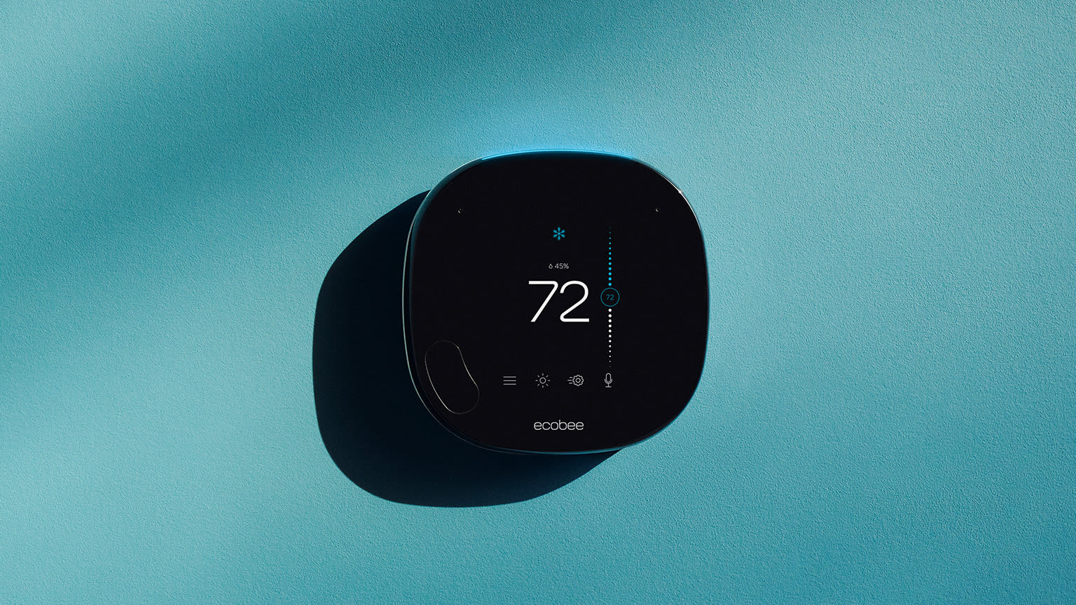 ecobee SmartThermostat with voice control on light blue background